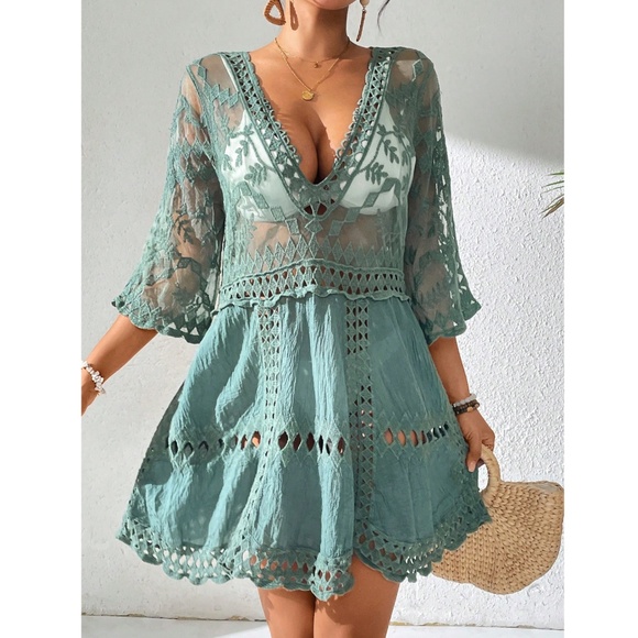 Green Boho Coverup Dress Tunic  Lace Detailed, Sheer, Mesh - Picture 4 of 8